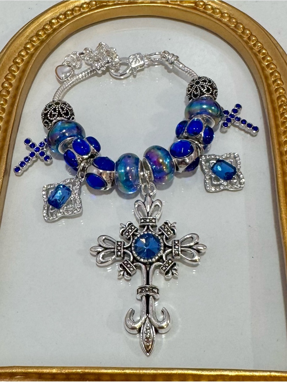New Silver-Tone Blue Crystal Charm Bracelet with 7 inches plus extender